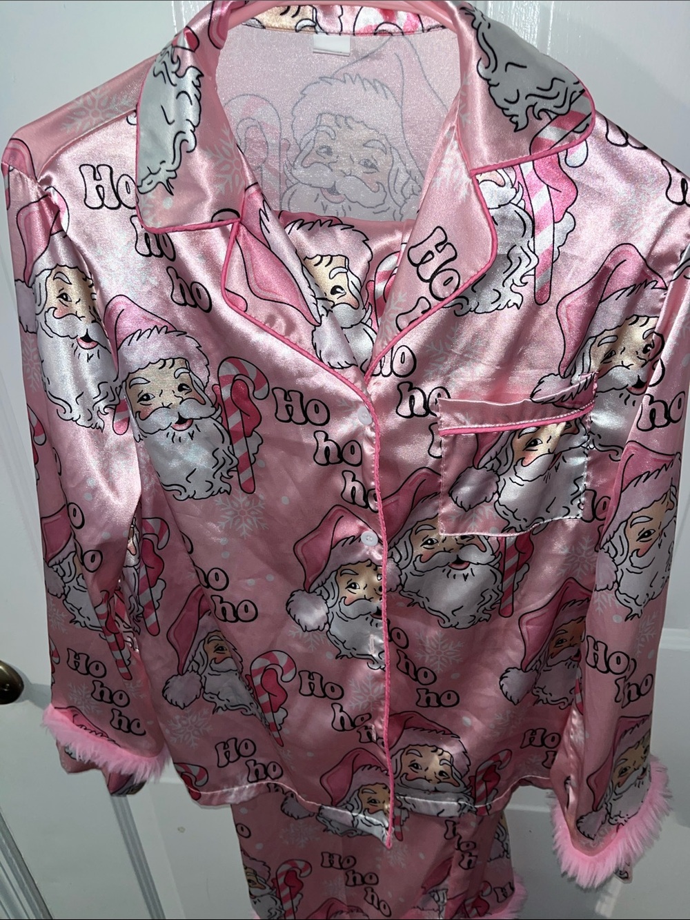 Pink Santa Print Satin Pajama Set - Women's Holiday Sleepwear